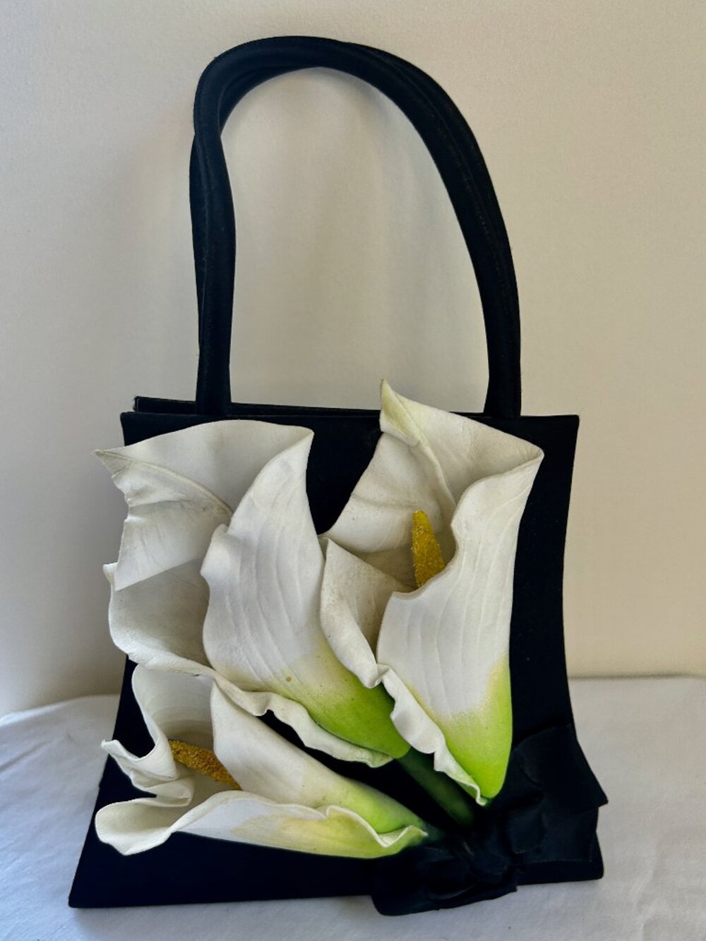 Vintage Moo Roo Charleston Satin Evening Bag Flowers Lilies Handle & Long Strap